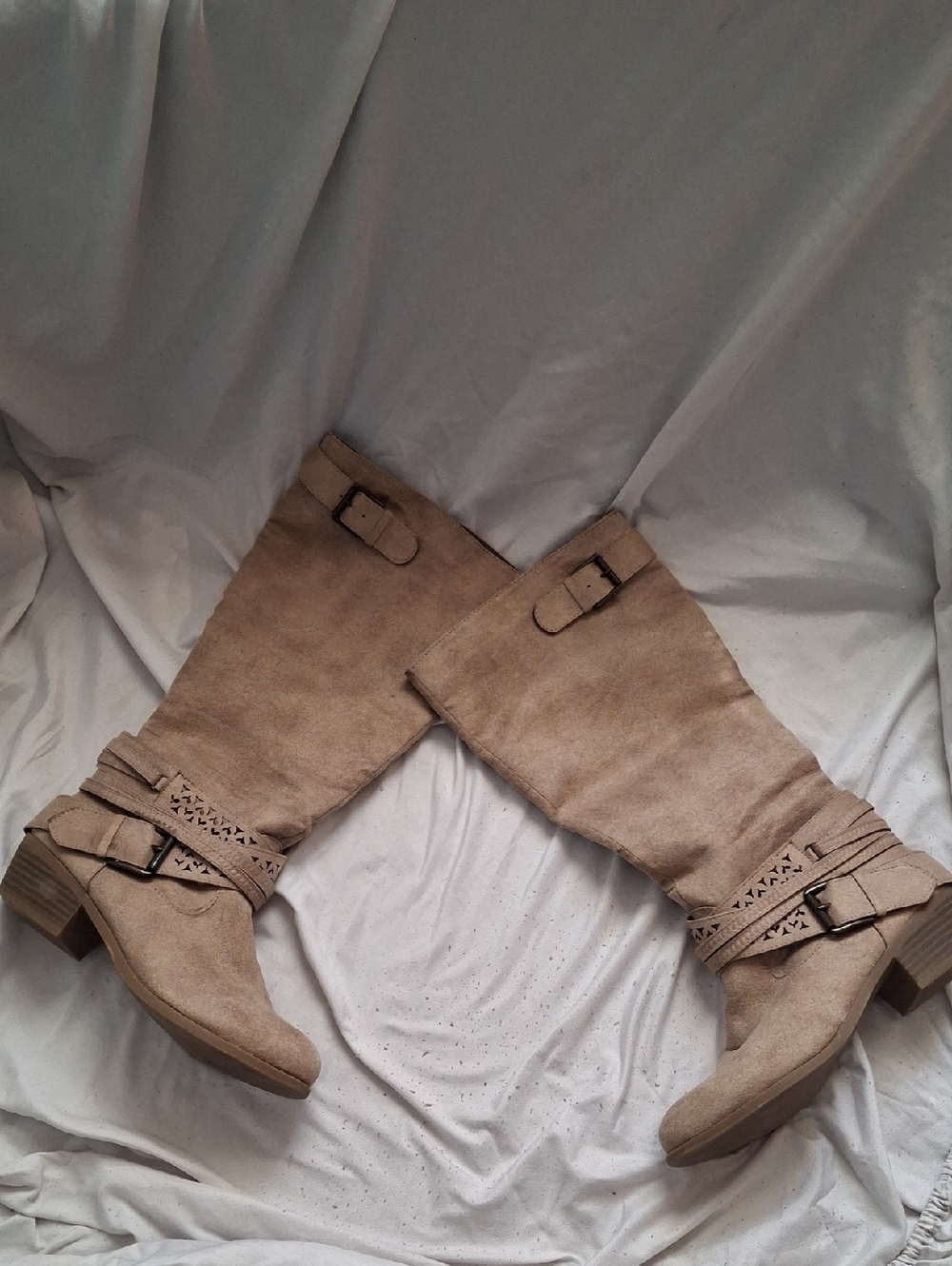 Vanity Taupe Suede Knee-High Buckle Boots